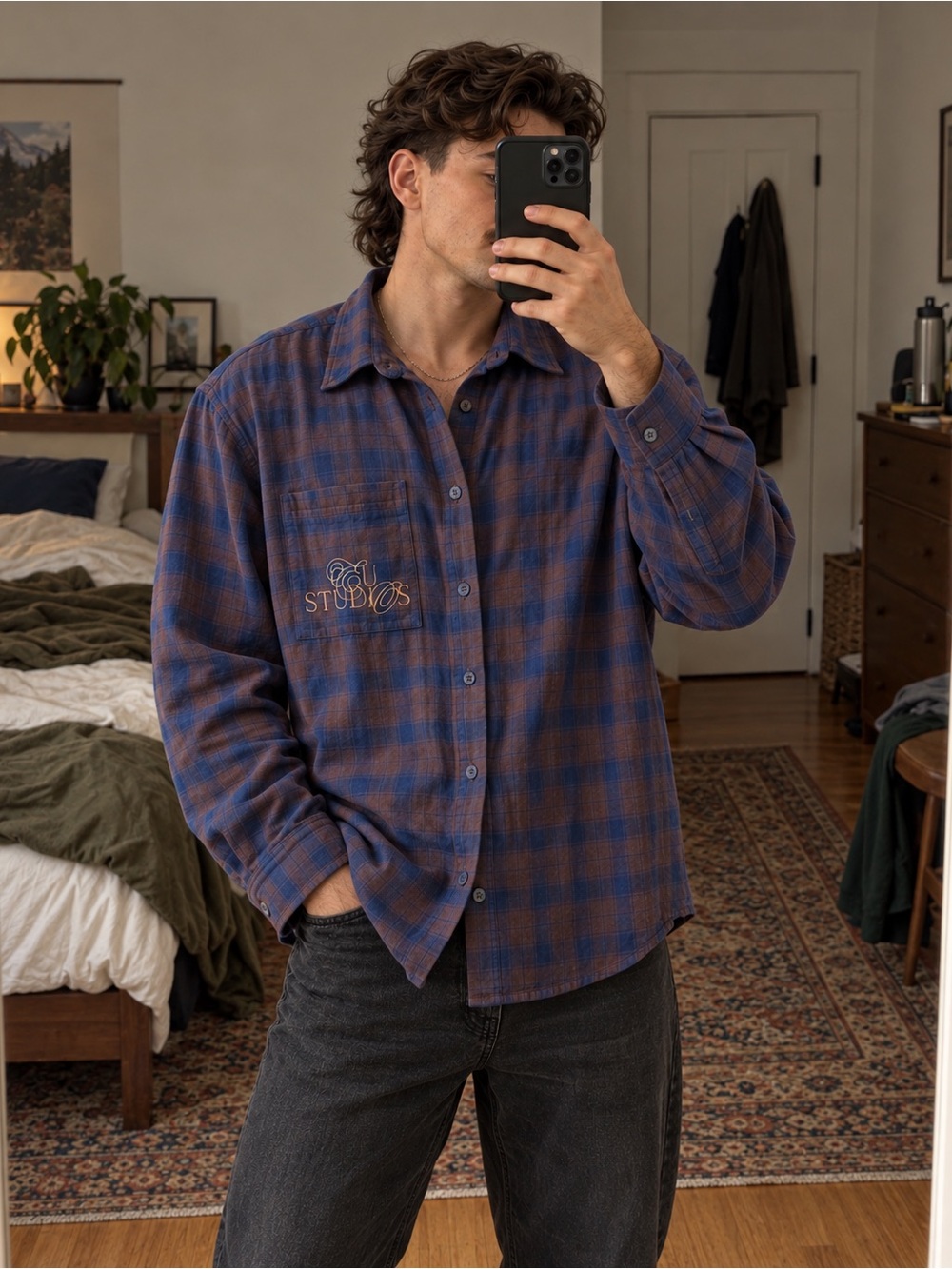 ASOS Design Studio Men's Red/Brown and Blue Check Button-Down Oversized Shirt